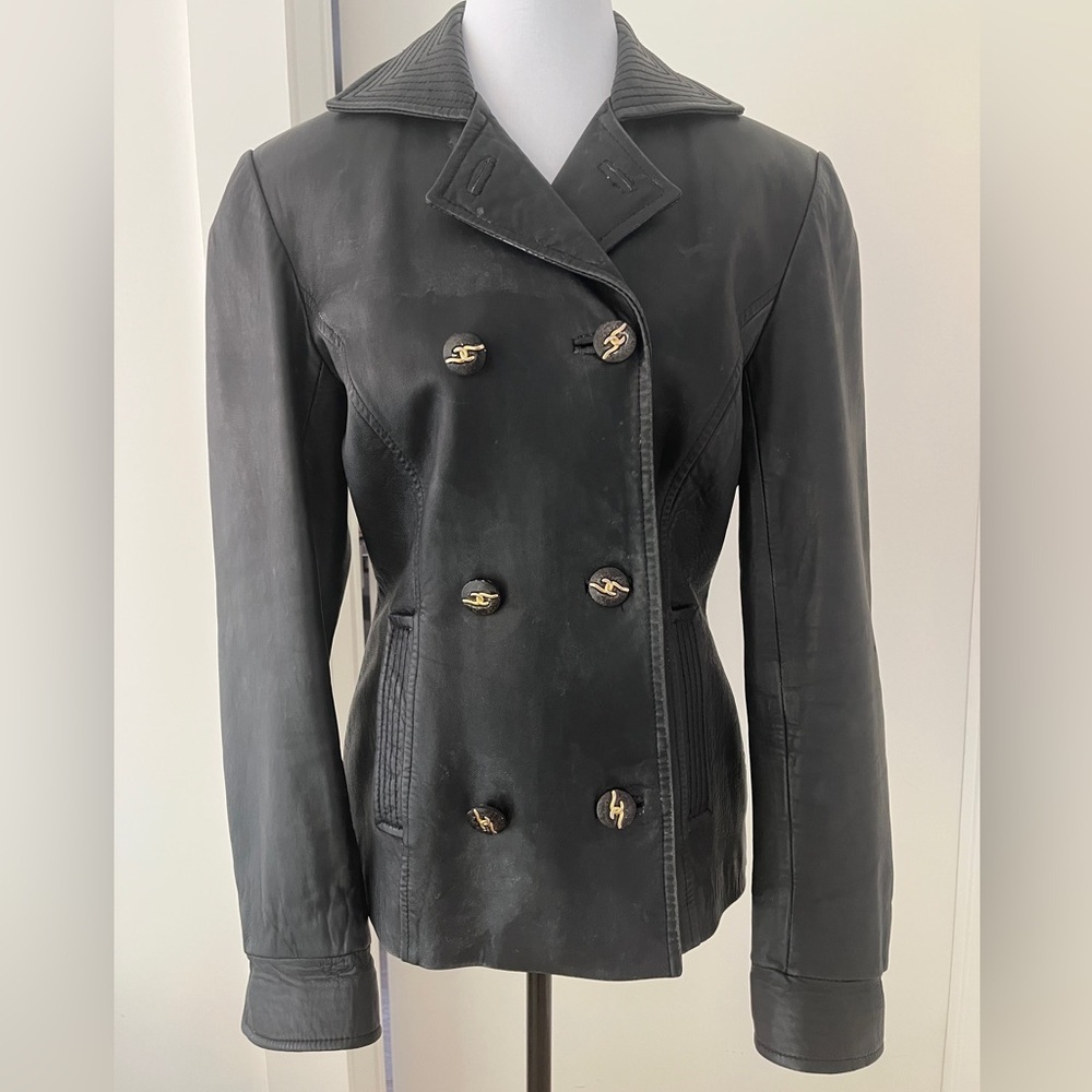VINTAGE Mab Studio Black Leather Double Breasted Hip Length Jacket 80's Edgy